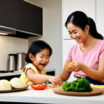 **Image of a mother happily preparing a healthy meal for her children in a modern Malaysian kitchen.** This image aims to evoke feelings of warmth, love, and the desire to provide the best for one's family, appealing to a mother's emotional connection with her children's well-being, using relatable everyday scenarios.
