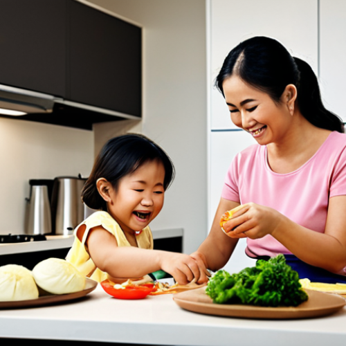 Home 4 **Image of a mother happily preparing a healthy meal for her children in a modern Malaysian kitchen.** This image aims to evoke feelings of warmth, love, and the desire to provide the best for one's family, appealing to a mother's emotional connection with her children's well-being, using relatable everyday scenarios.