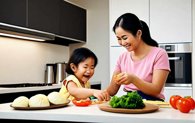 **Image of a mother happily preparing a healthy meal for her children in a modern Malaysian kitchen.** This image aims to evoke feelings of warmth, love, and the desire to provide the best for one's family, appealing to a mother's emotional connection with her children's well-being, using relatable everyday scenarios.
