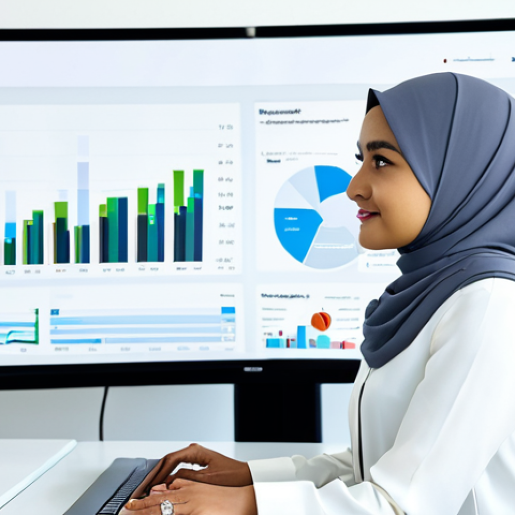 AI-Powered Marketing Analysis**

A professional Malay marketing manager in a modern office setting, analyzing data dashboards on a large screen. The dashboard showcases customer trends and insights generated by AI. She is wearing a modest hijab and professional attire, fully clothed.  The office environment is bright and clean, with modern furniture. Include elements that suggest data analysis and marketing strategy.  Safe for work, appropriate content, perfect anatomy, natural proportions, professional, modest, family-friendly.

**