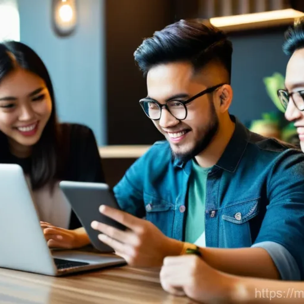 세일즈 퍼널에서의 효과적인 콘텐츠 배포 전략 - A vibrant, eye-level shot of a diverse group of Malaysian young adults, aged 20-30, casually dressed...