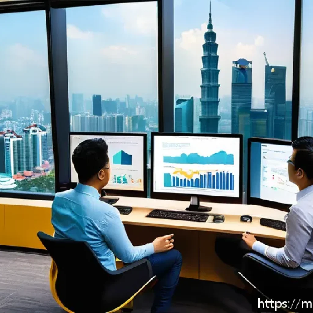 세일즈 퍼널에서의 경쟁사 벤치마킹 방법 - A vibrant Malaysian digital marketing office scene showing a diverse team analyzing customer behavio...