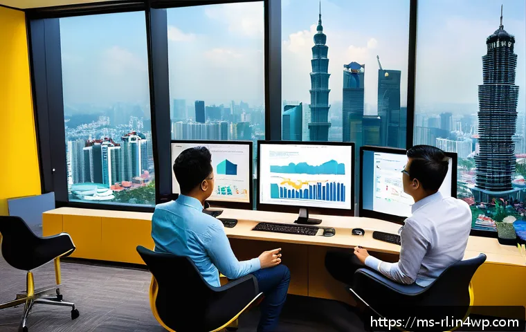 세일즈 퍼널에서의 경쟁사 벤치마킹 방법 - A vibrant Malaysian digital marketing office scene showing a diverse team analyzing customer behavio...